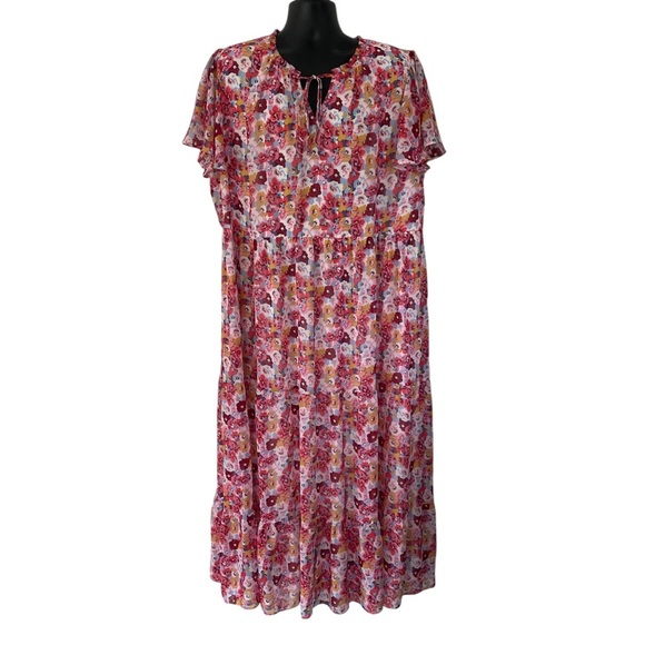 Lane Bryant Pink Short Sleeve Floral Chiffon Tiered Maxi Dress Size 22/24 - Picture 2 of 11
